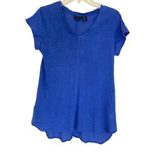 Tahari Women’s 100% Linen Short Sleeve Scoop Neck Royal Blue Top Size Small